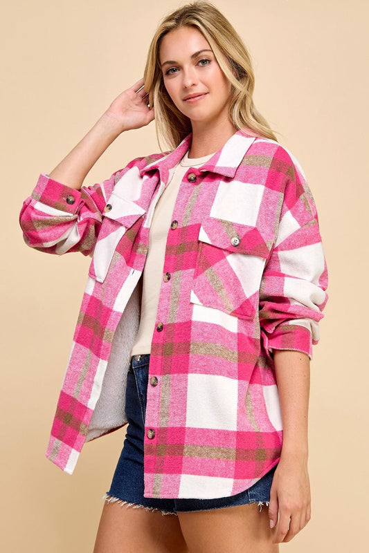 Oversized Plaid Shacket Jacket with Fur Lining – Cozy Flannel Winter Shirt Coat for Women | Warm Casual Checkered Outerwear