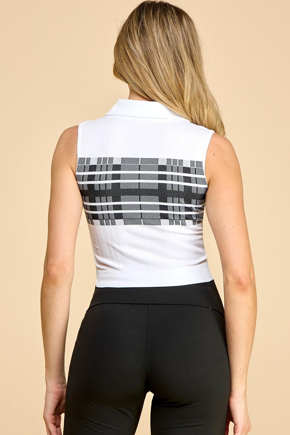 Striped Collar Crop Tank Top -Seamless Ribbed Sleeveless Shirt-QU117