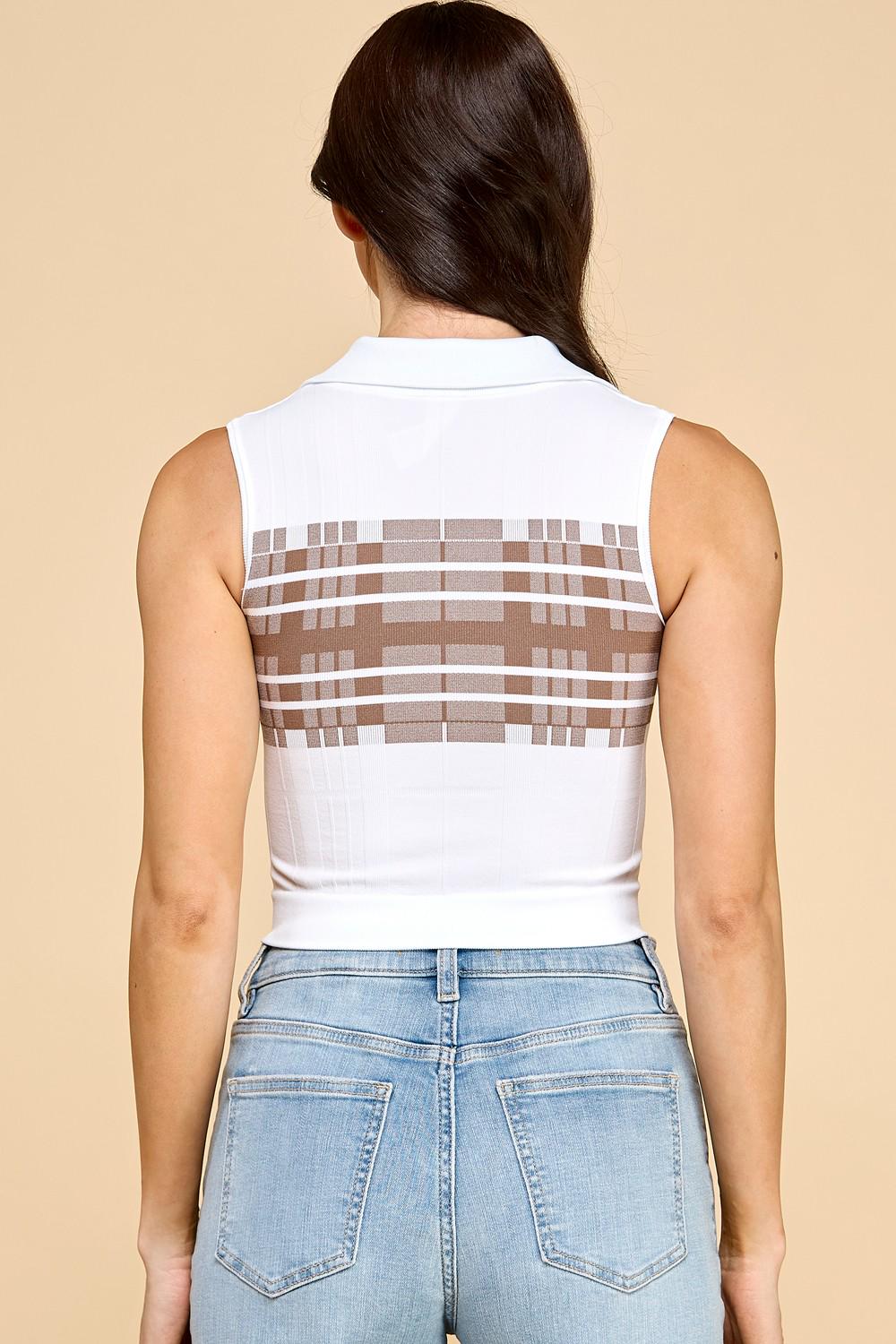 Striped Collar Crop Tank Top -Seamless Ribbed Sleeveless Shirt-QU117