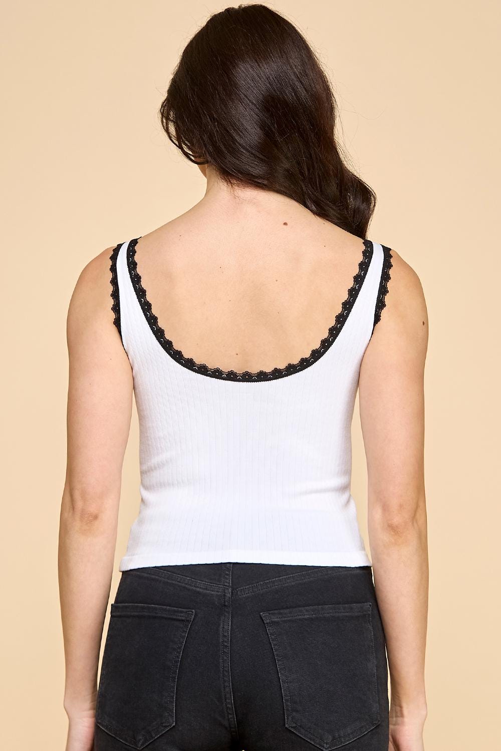Ribbed Lace Trim Cami Top: Black & White Contrast Edge - QU36D