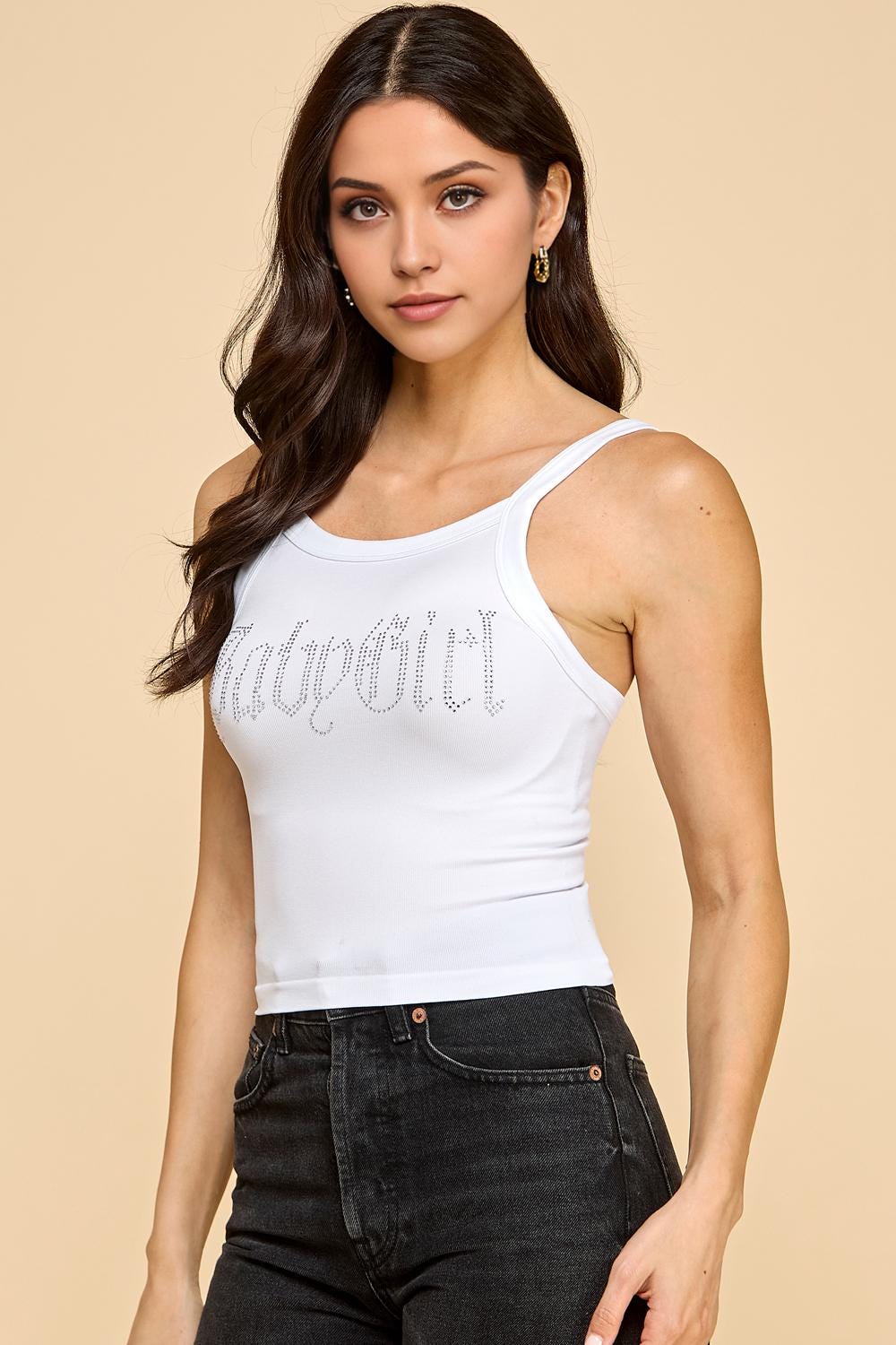 Y2K Rhinestone Tank Top: Ribbed Cami - Black & White - QU37