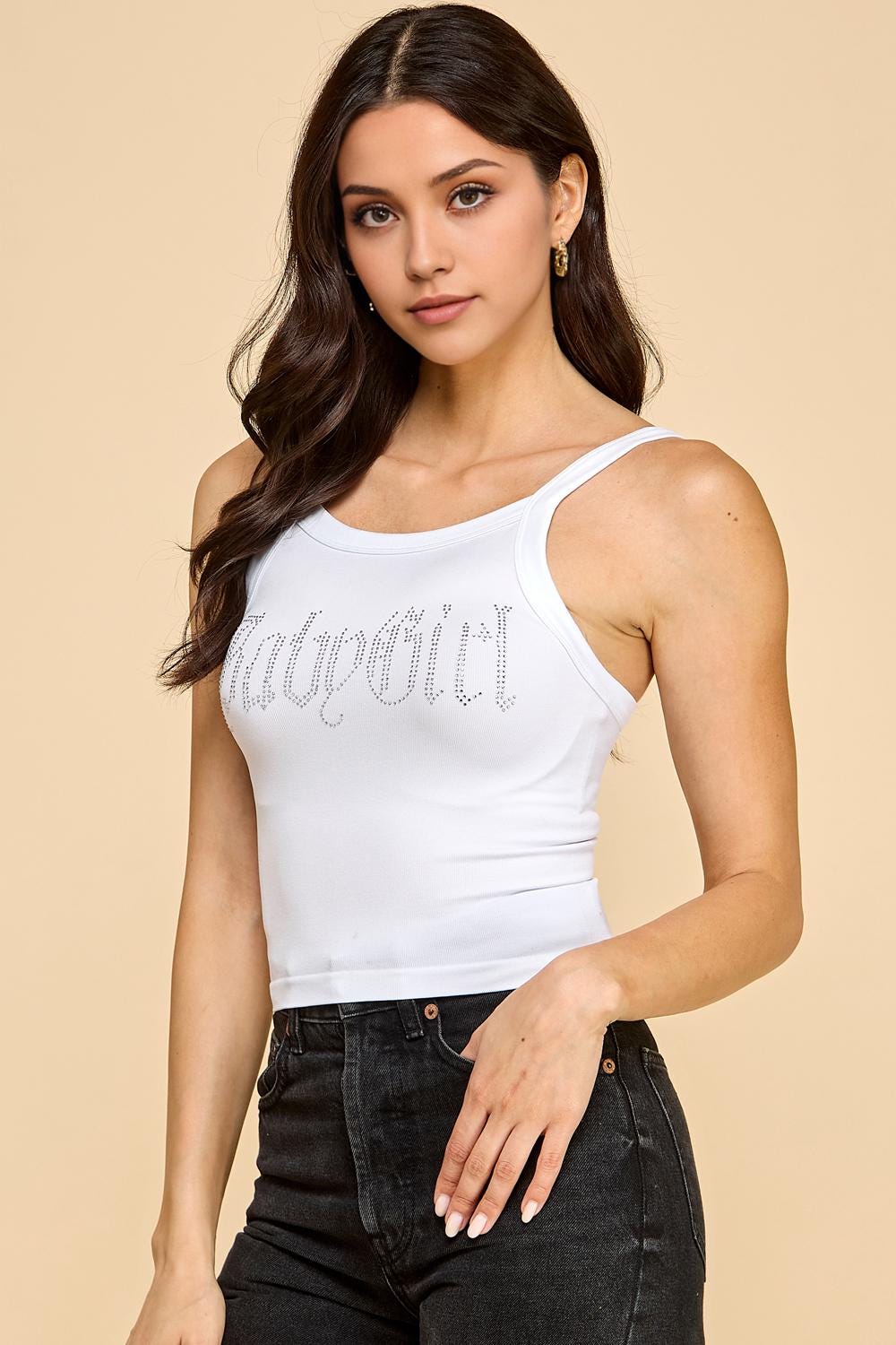 Y2K Rhinestone Tank Top: Ribbed Cami - Black & White - QU37