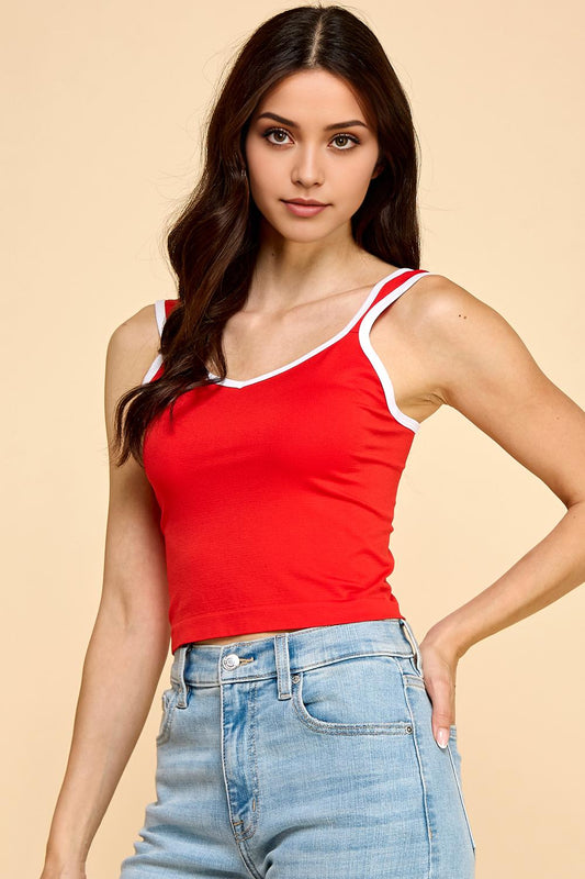 Sweetheart Crop Tank Top: Fitted Cami with Contrast Trim - QU47