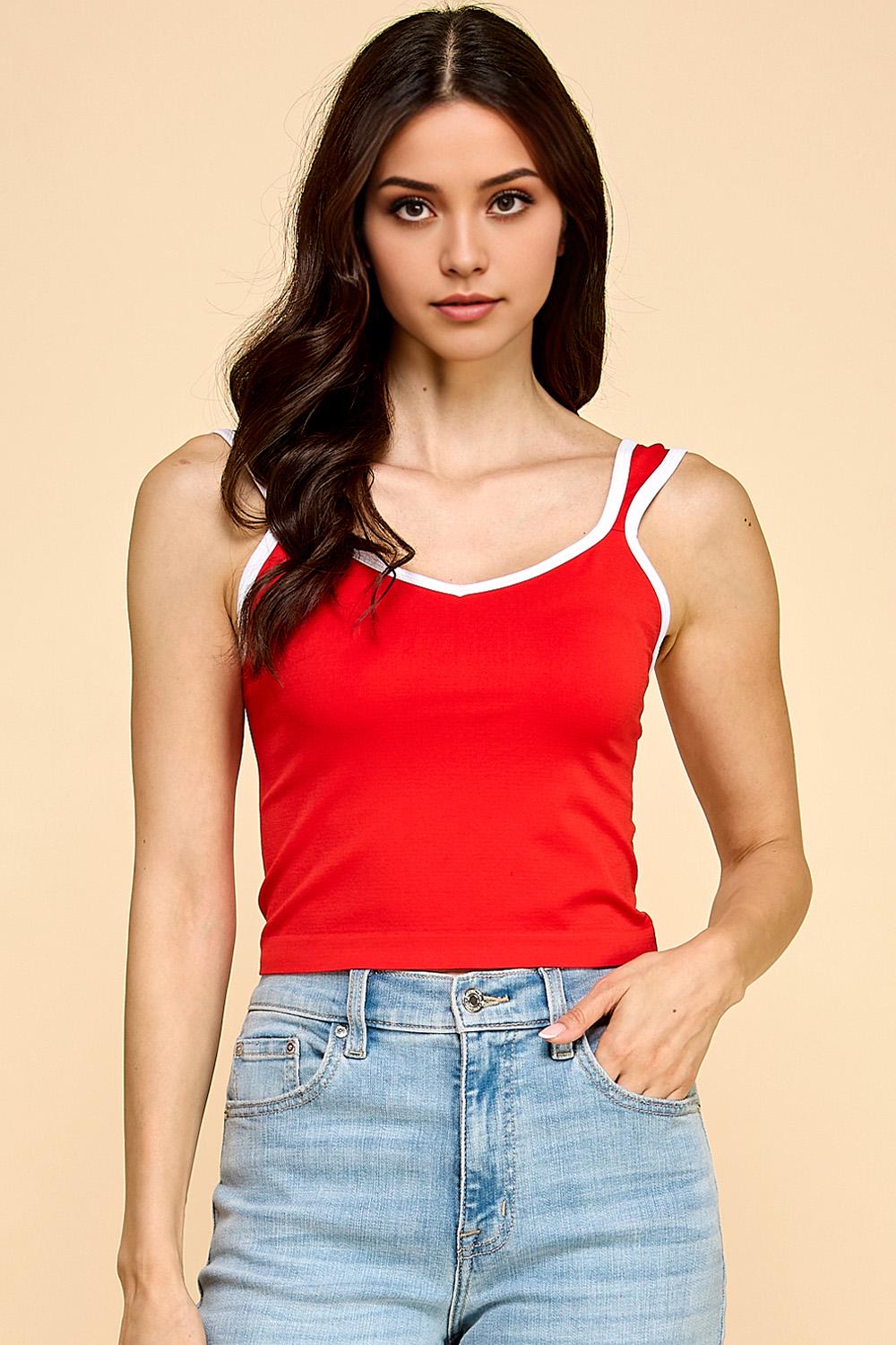 Sweetheart Crop Tank Top: Fitted Cami with Contrast Trim - QU47