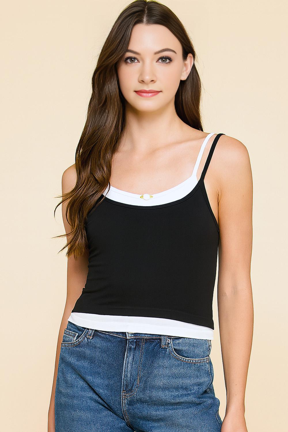 Double Layered Cami Tank Top: Flower Trim, Adjustable Straps - QU148