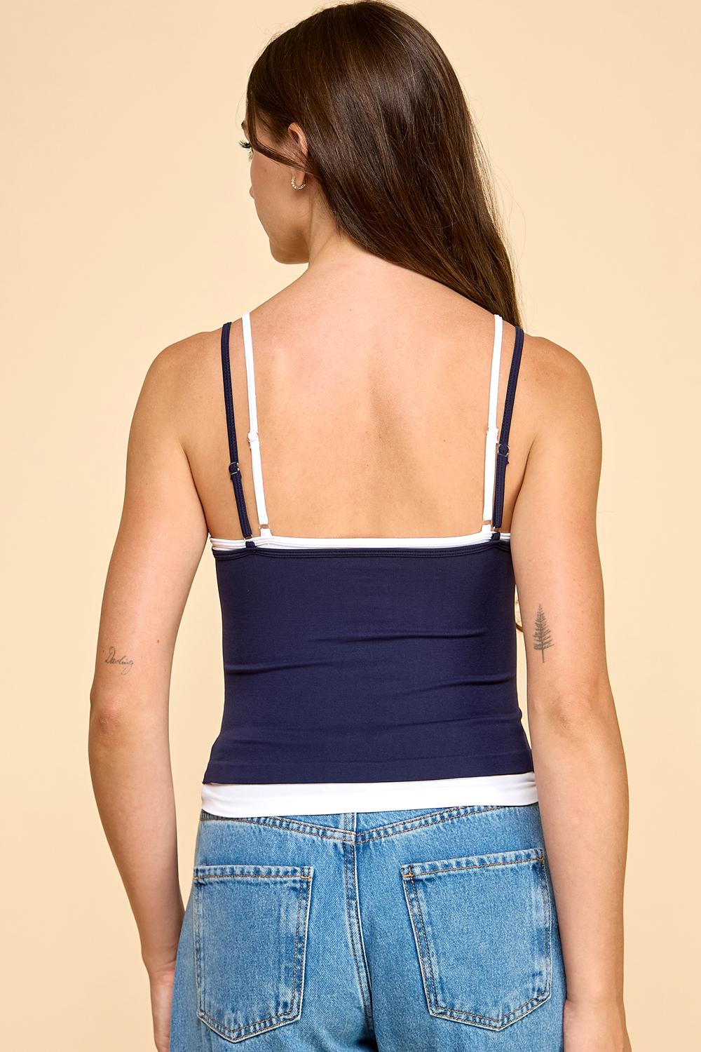 Double Layered Cami Tank Top: Flower Trim, Adjustable Straps - QU148