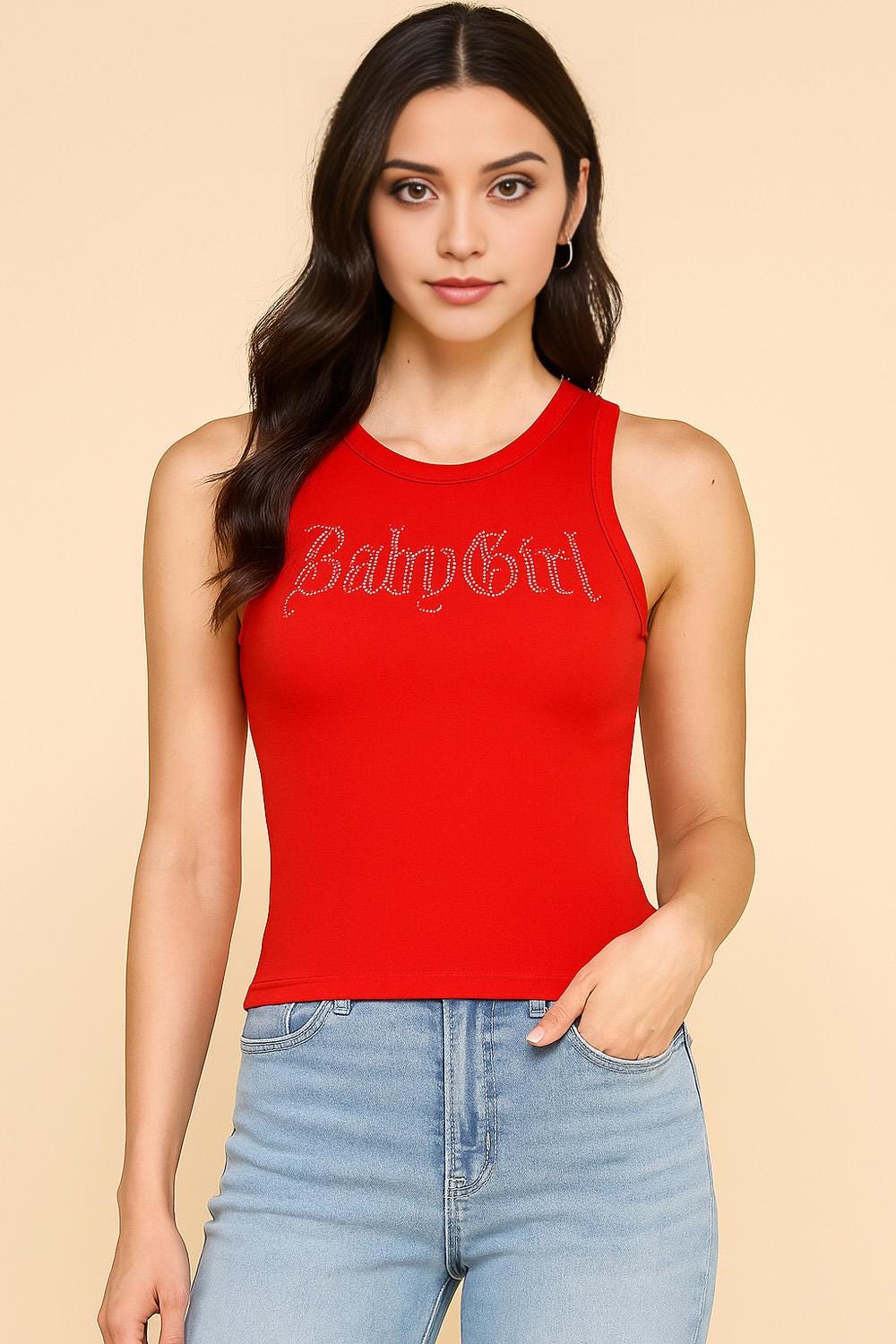 Rhinestone "Baby Girl" Tank Top: Y2K Sleeveless Ribbed Shirt - OU82MT