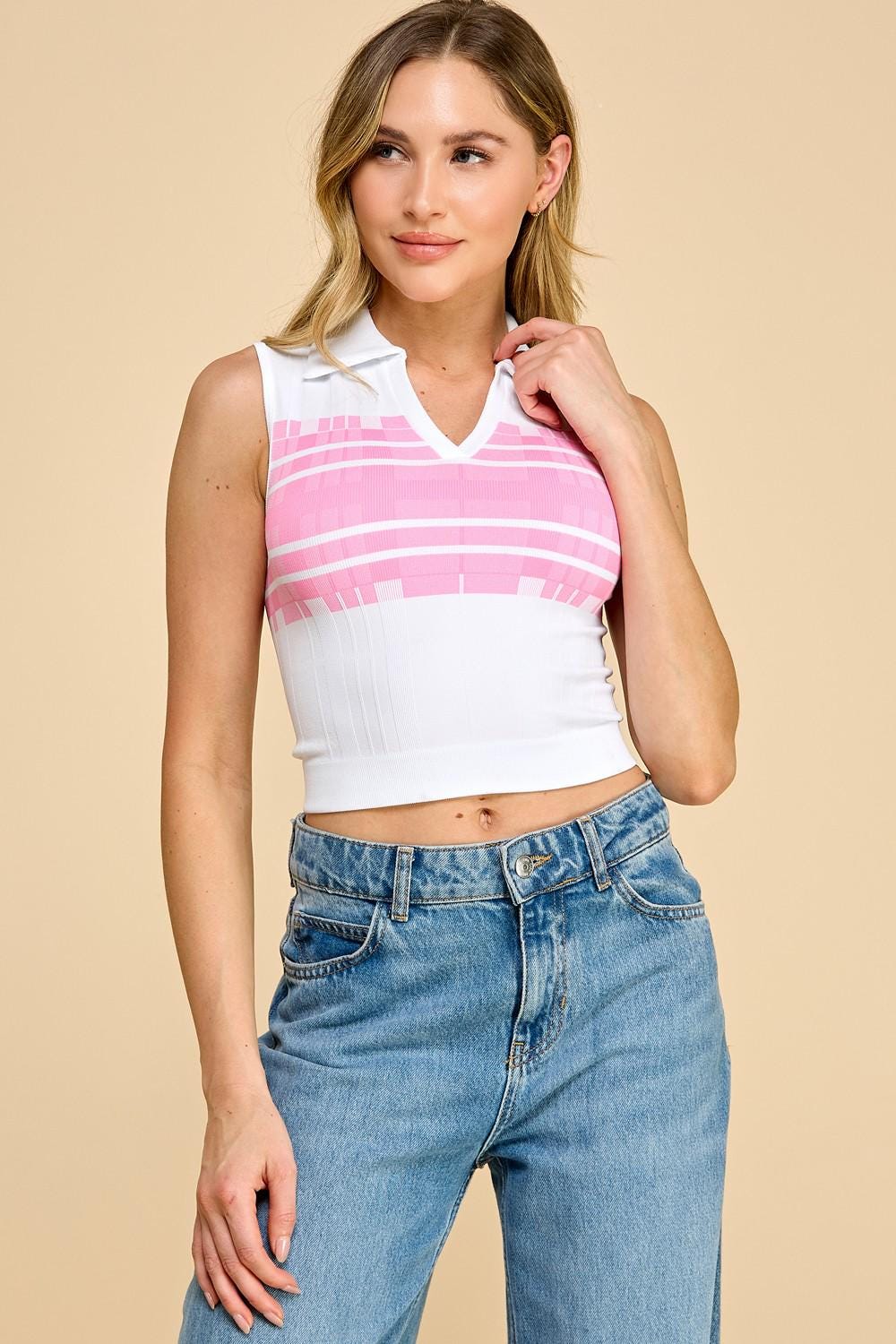 Striped Collar Crop Tank Top -Seamless Ribbed Sleeveless Shirt-QU117