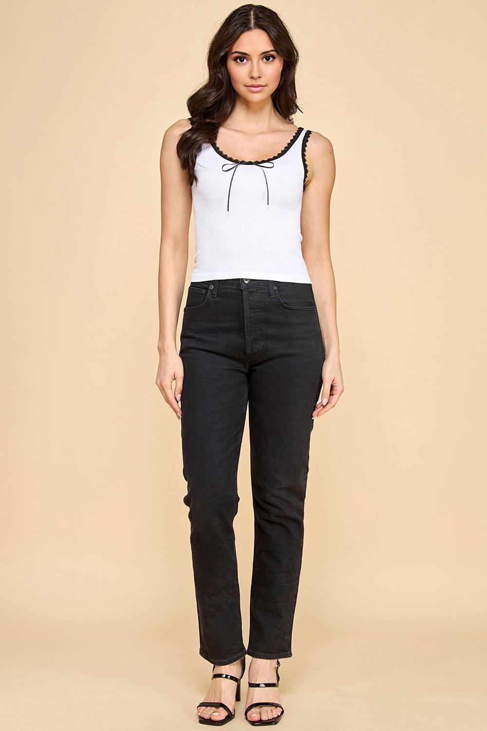 Ribbed Lace Trim Cami Top: Black & White Contrast Edge - QU36D