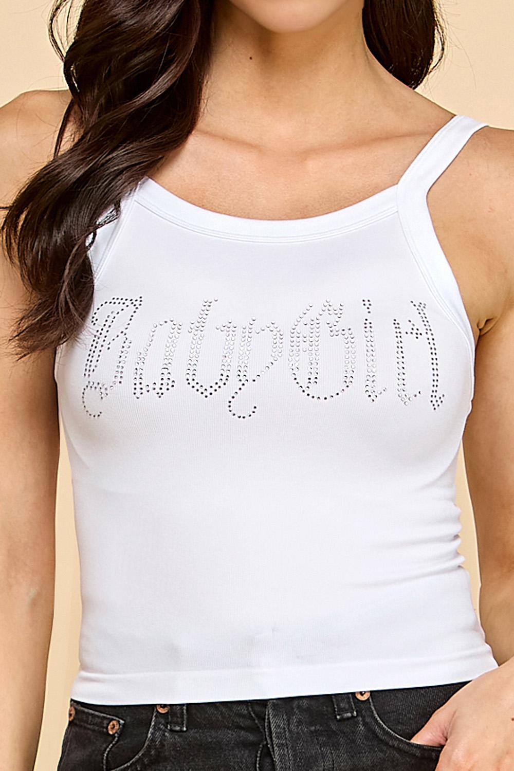 Y2K Rhinestone Tank Top: Ribbed Cami - Black & White - QU37