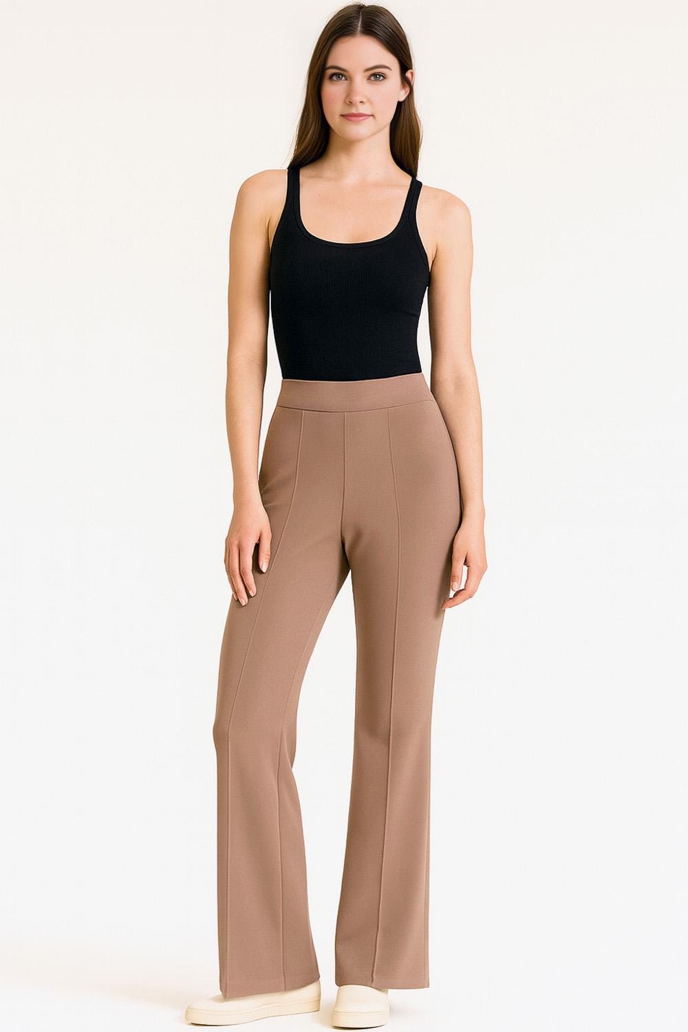 High Waist Pleated Stretch Trousers: Straight Leg Dress Pants - ZD44
