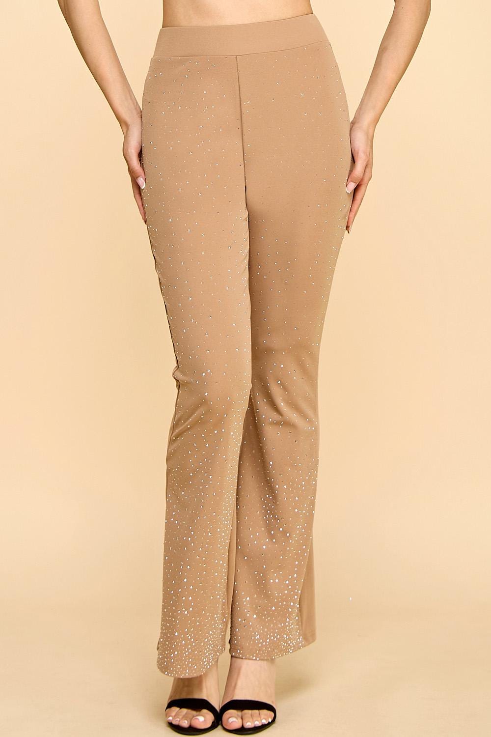 Rhinestone Flare Pants | High Waist Bell Bottom Yoga Pants | Sparkly Festival & Party Trousers – Z1537CT