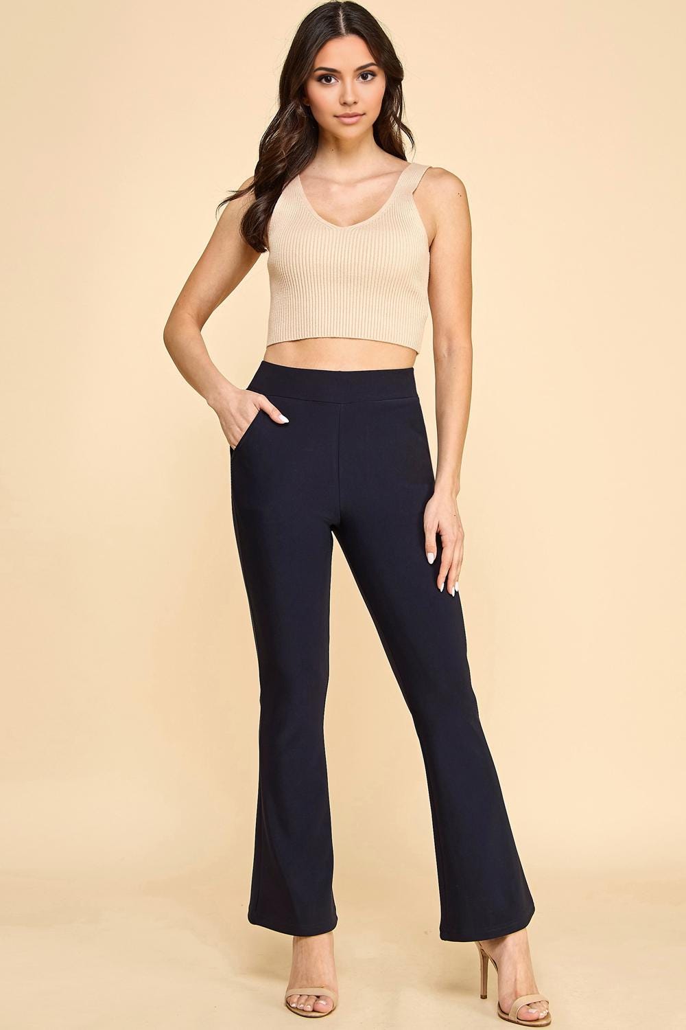 Butt Lift Bell Bottom Pants with Pockets: High Waist Flare Stretch Scuba Trousers - TDVQ29C