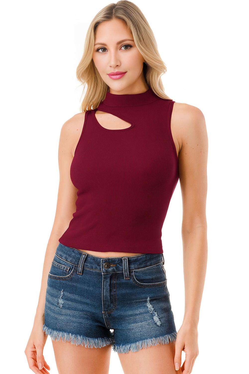 Women’s Cherry Lacquer Cutout Mock Neck Ribbed Tank Top Sleeveless