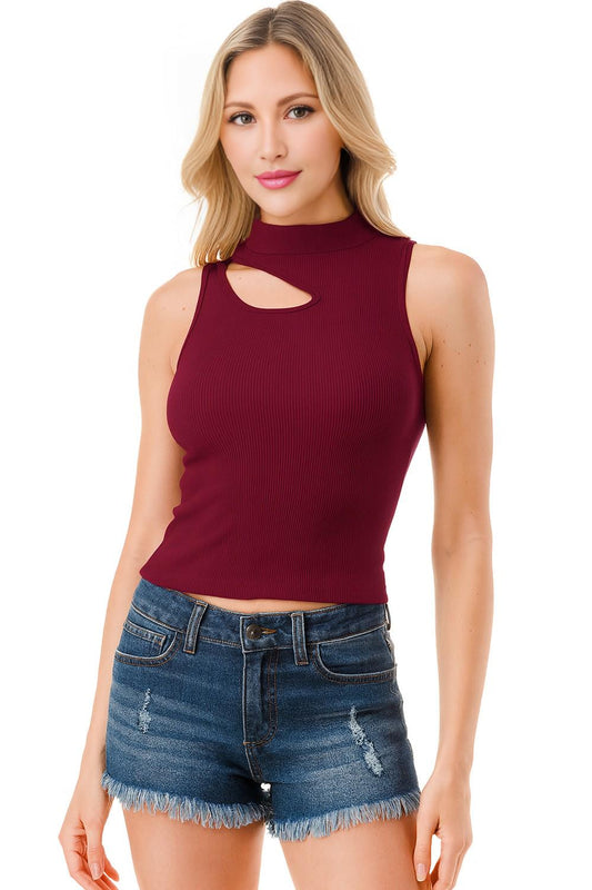 Women’s Cherry Lacquer Cutout Mock Neck Ribbed Tank Top Sleeveless
