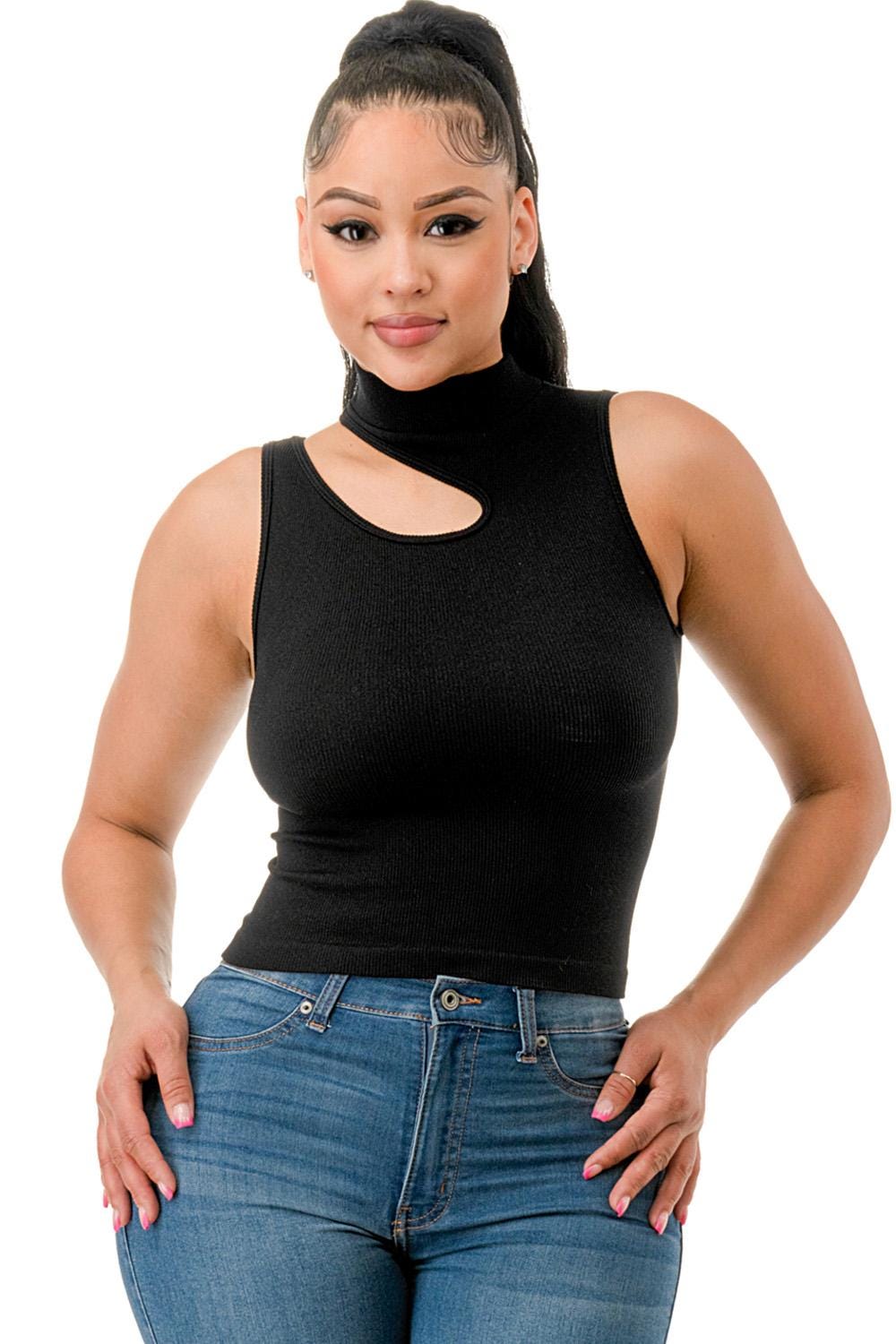 Women’s Black Cutout Mock Neck Ribbed Tank Top Sleeveless