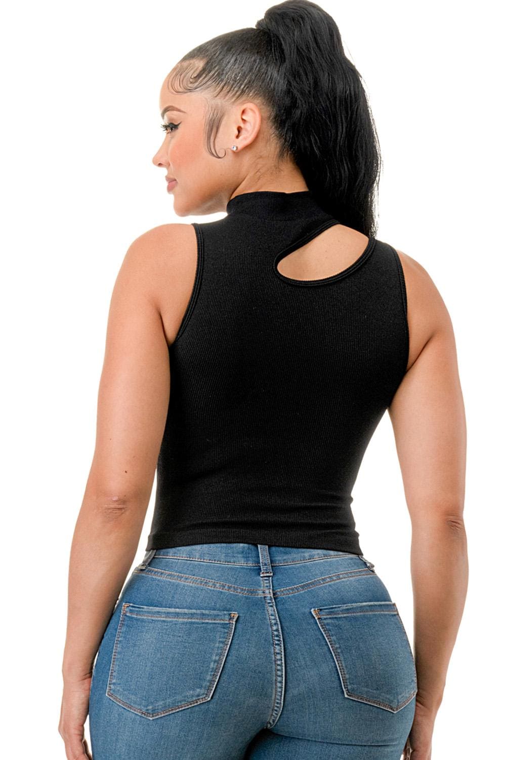 Women’s Black Cutout Mock Neck Ribbed Tank Top Sleeveless