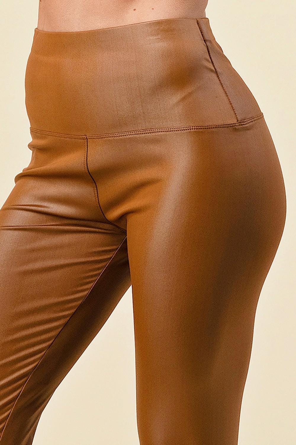 Women’s Cognac Vegan Leather High Waisted Leggings Faux Leather Pants