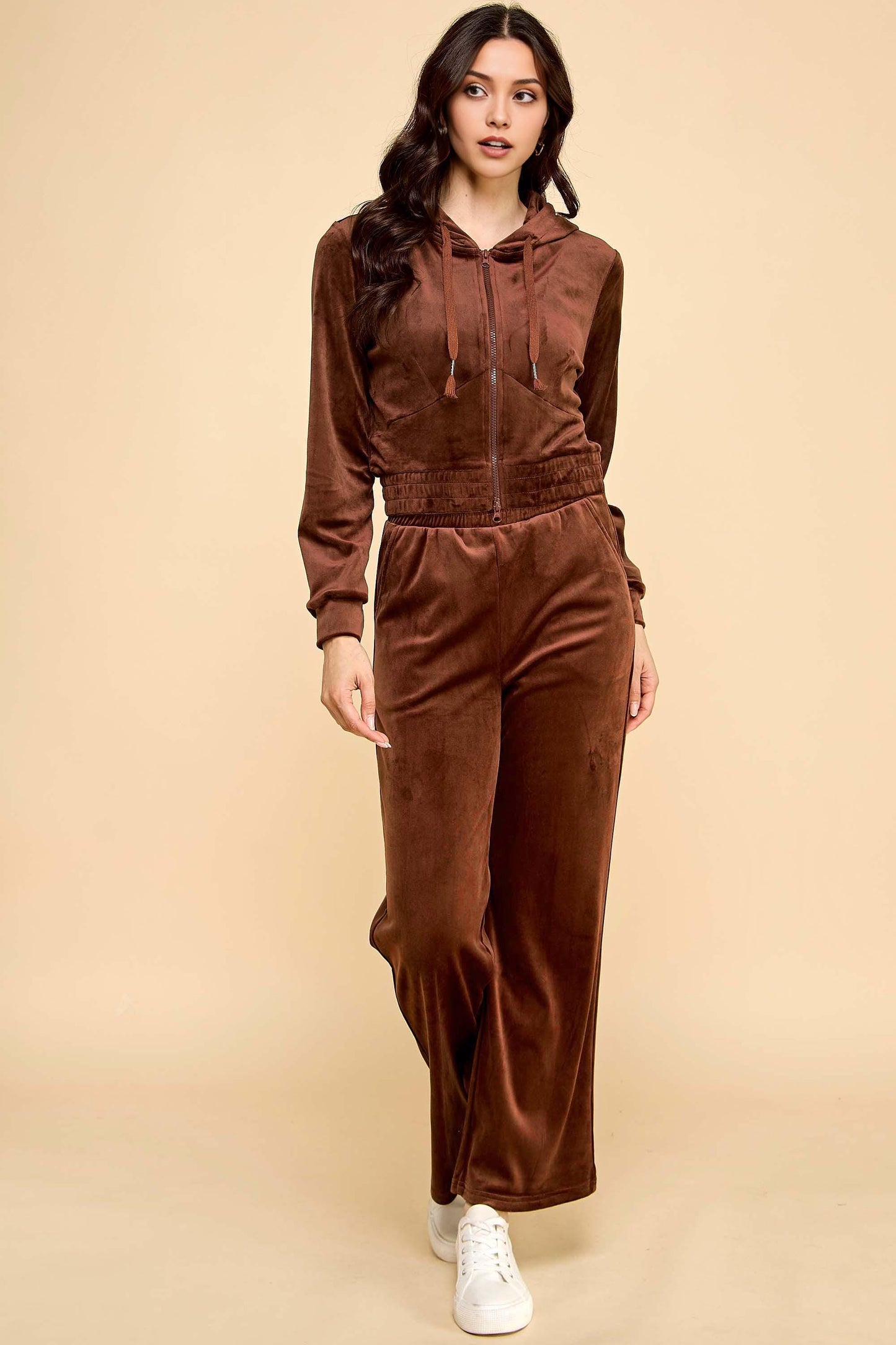 Velour Tracksuit Set – Stretch Zip-Up Hoodie & Wide Leg Pants | 2-Piece Lounge Outfit – WT612-SET