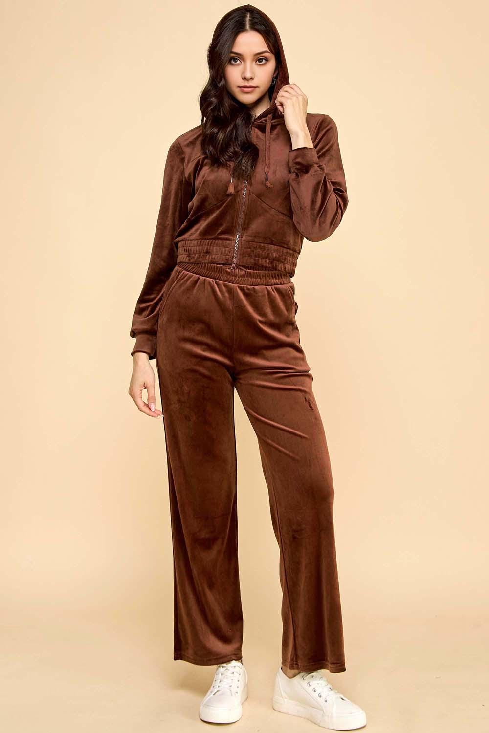 Velour Tracksuit Set – Stretch Zip-Up Hoodie & Wide Leg Pants | 2-Piece Lounge Outfit – WT612-SET