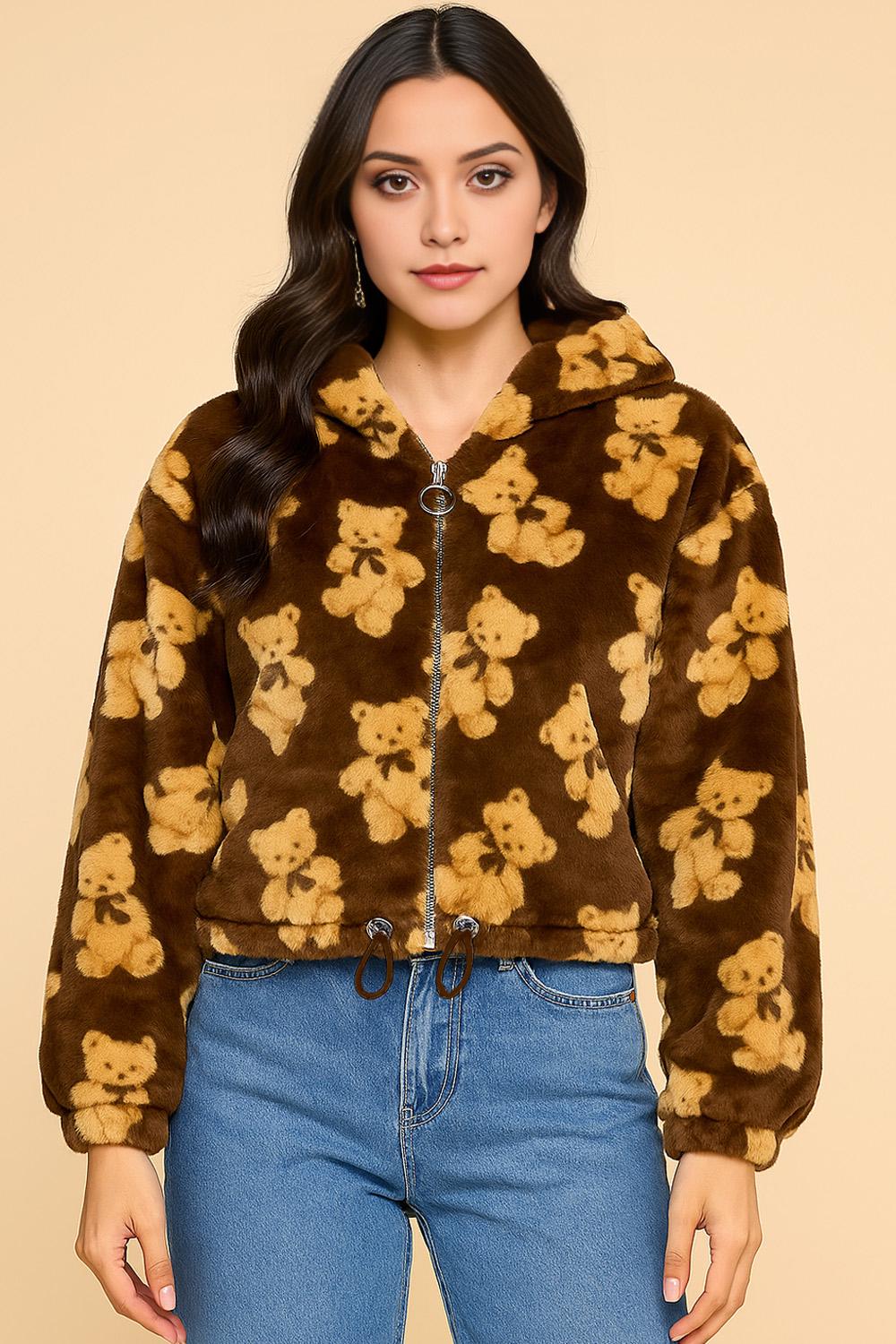 Faux Fur Zip-Up Hoodie Jacket – Plush Teddy Bear Print & Solid Colors | Cozy Streetwear Outerwear - J13G