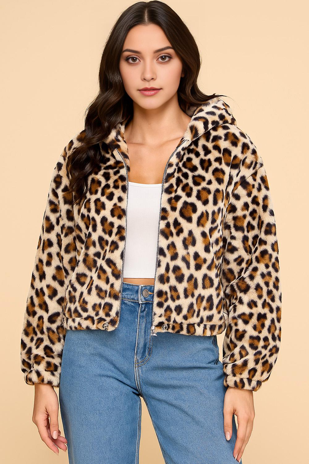 Faux Fur Zip-Up Hoodie Jacket – Plush Teddy Bear Print & Solid Colors | Cozy Streetwear Outerwear - J13G