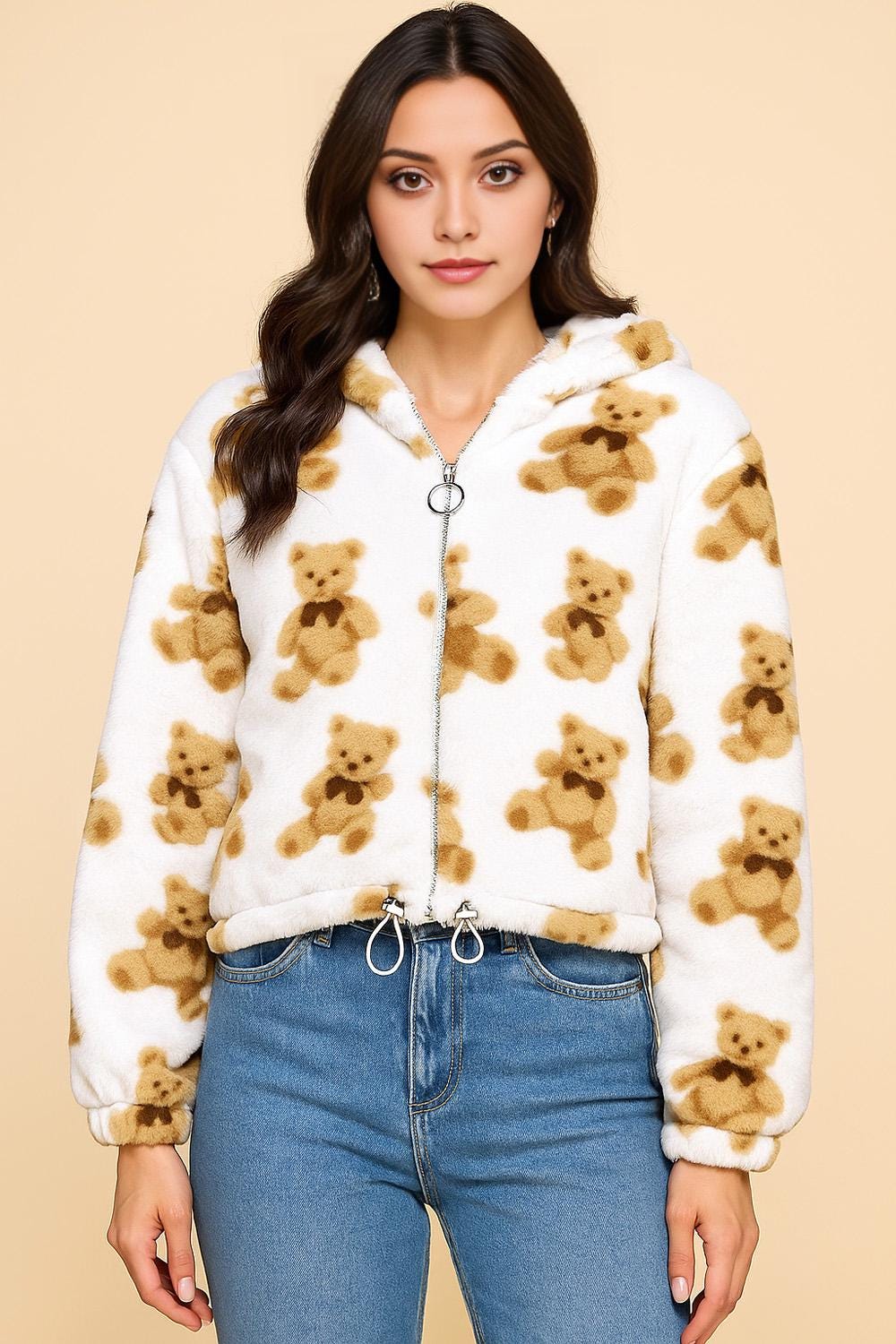 Faux Fur Zip-Up Hoodie Jacket – Plush Teddy Bear Print & Solid Colors | Cozy Streetwear Outerwear - J13G
