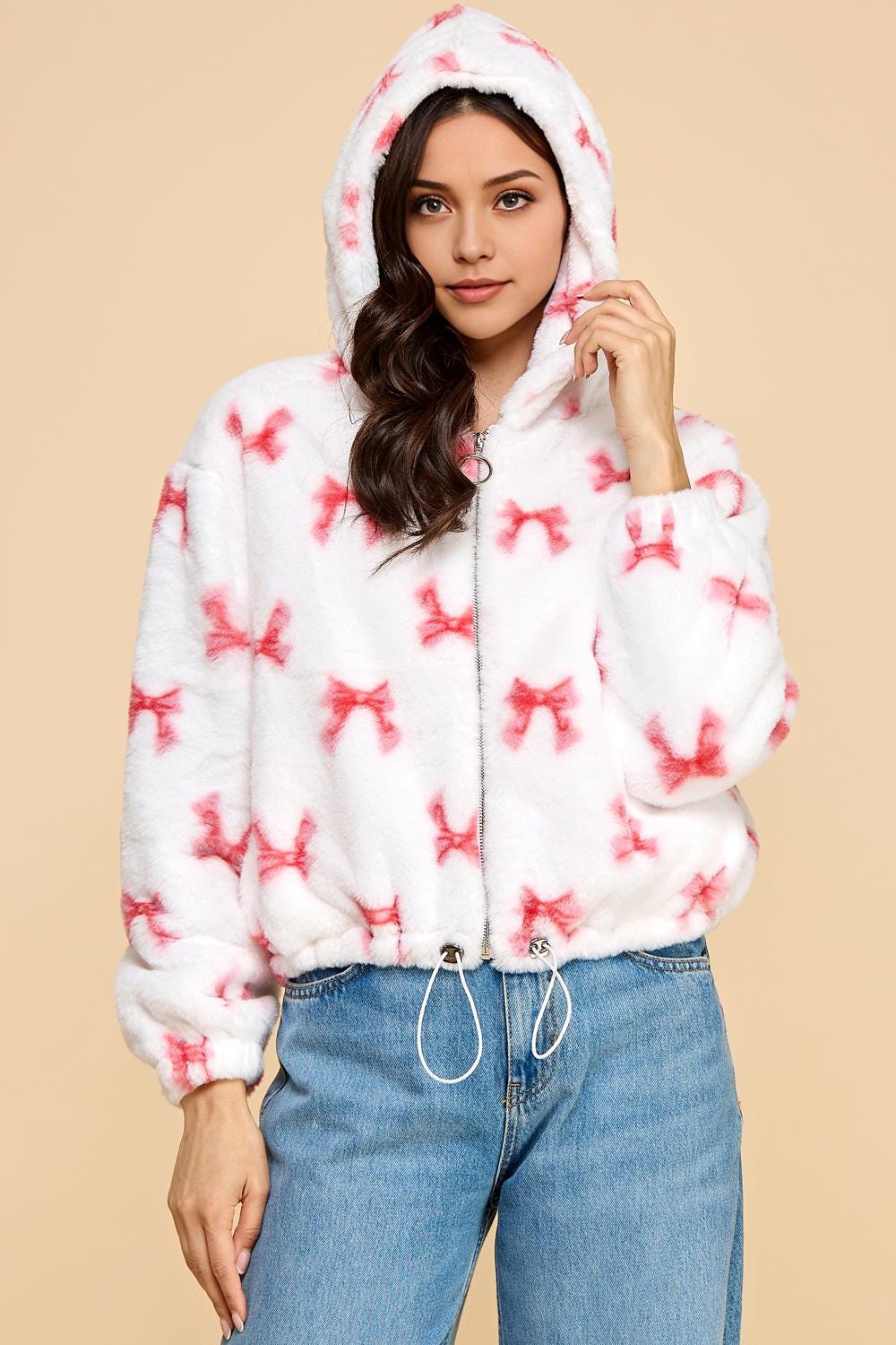 Faux Fur Zip-Up Hoodie Jacket – Plush Teddy Bear Print & Solid Colors | Cozy Streetwear Outerwear - J13G