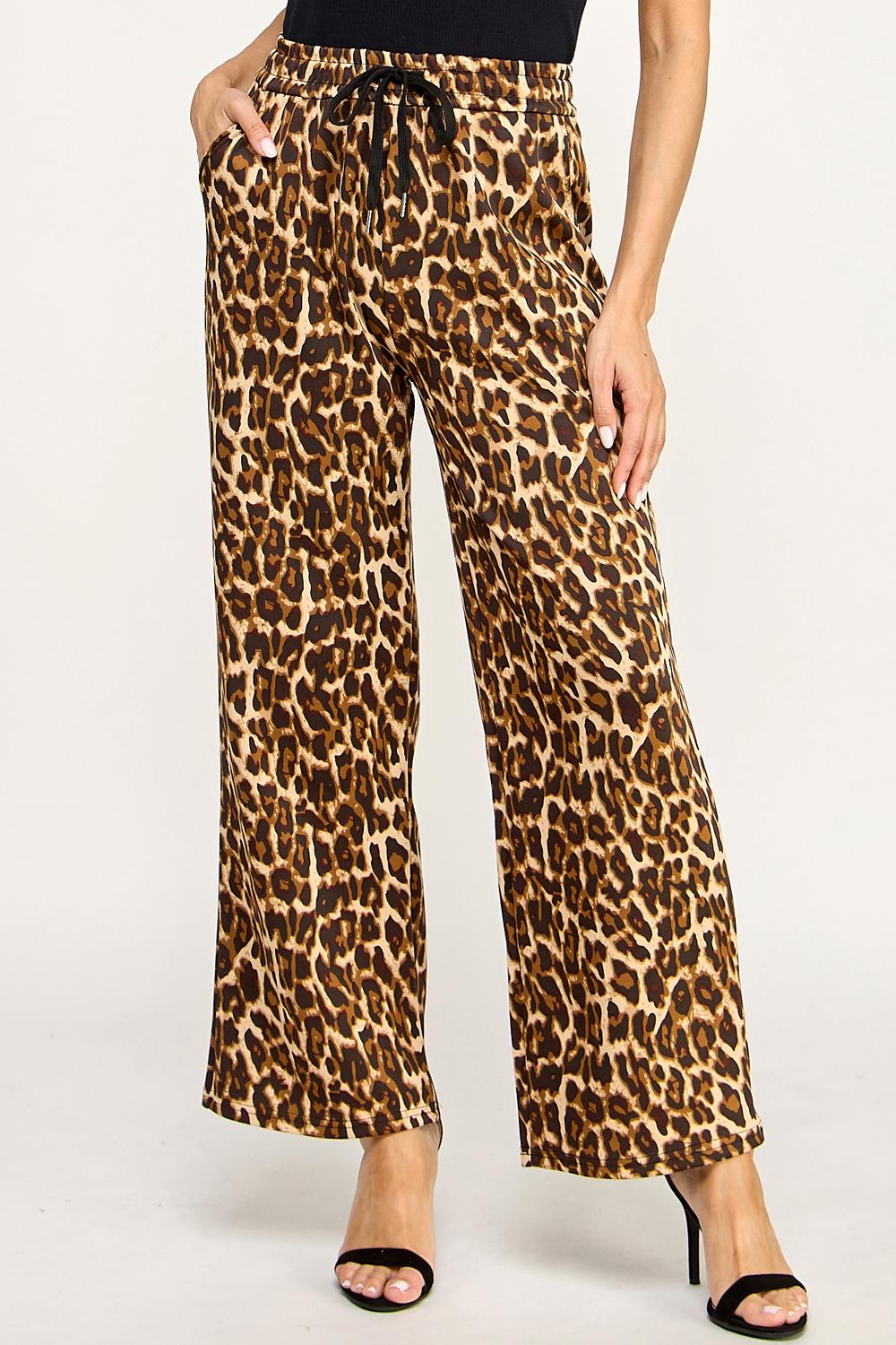 Leopard Print Wide Leg Pants – Stretch Scuba Drawstring Trousers | Statement Lounge & Streetwear Pants – TKT16U