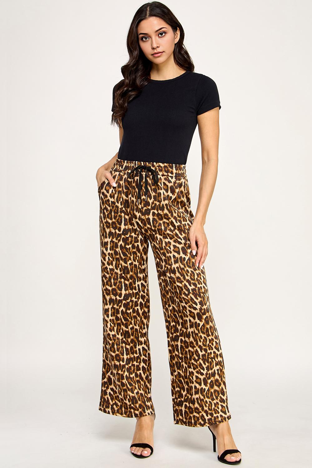 Leopard Print Wide Leg Pants – Stretch Scuba Drawstring Trousers | Statement Lounge & Streetwear Pants – TKT16U