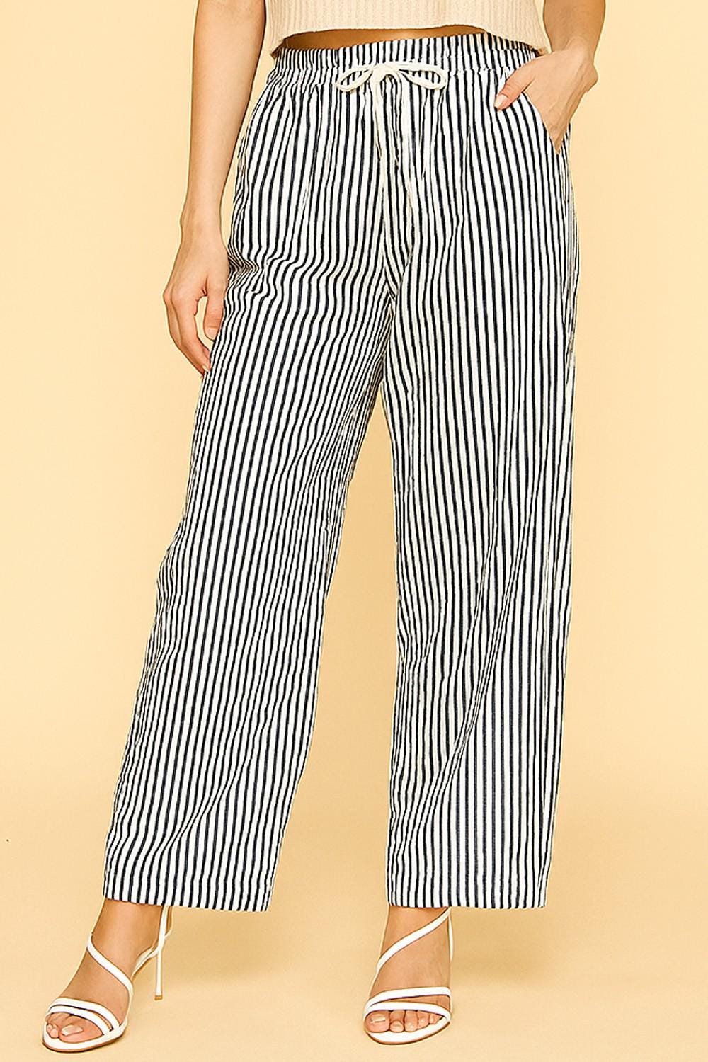 Striped Straight Leg Pants with Pockets – Drawstring Elastic Waist Lounge Trousers – QD28