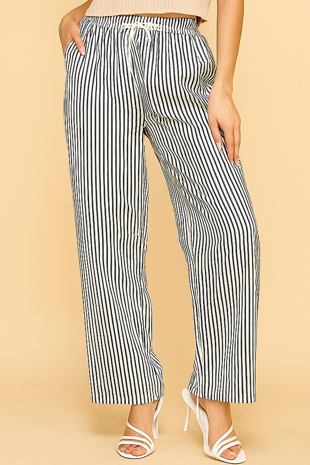 Striped Straight Leg Pants with Pockets – Drawstring Elastic Waist Lounge Trousers – QD28