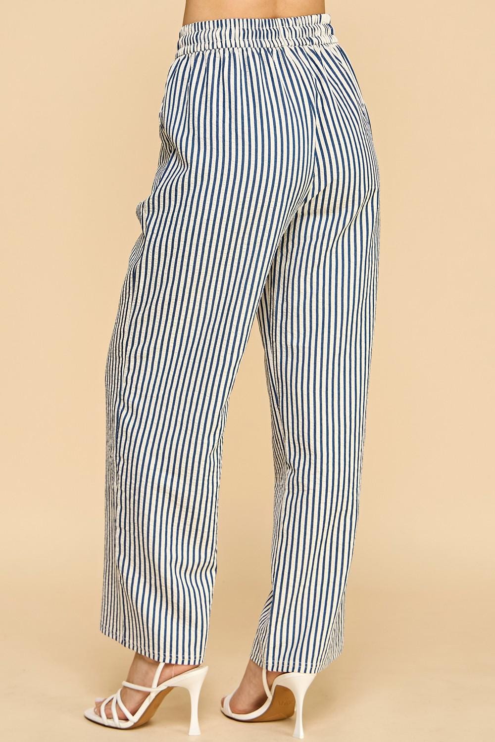 Striped Straight Leg Pants with Pockets – Drawstring Elastic Waist Lounge Trousers – QD28