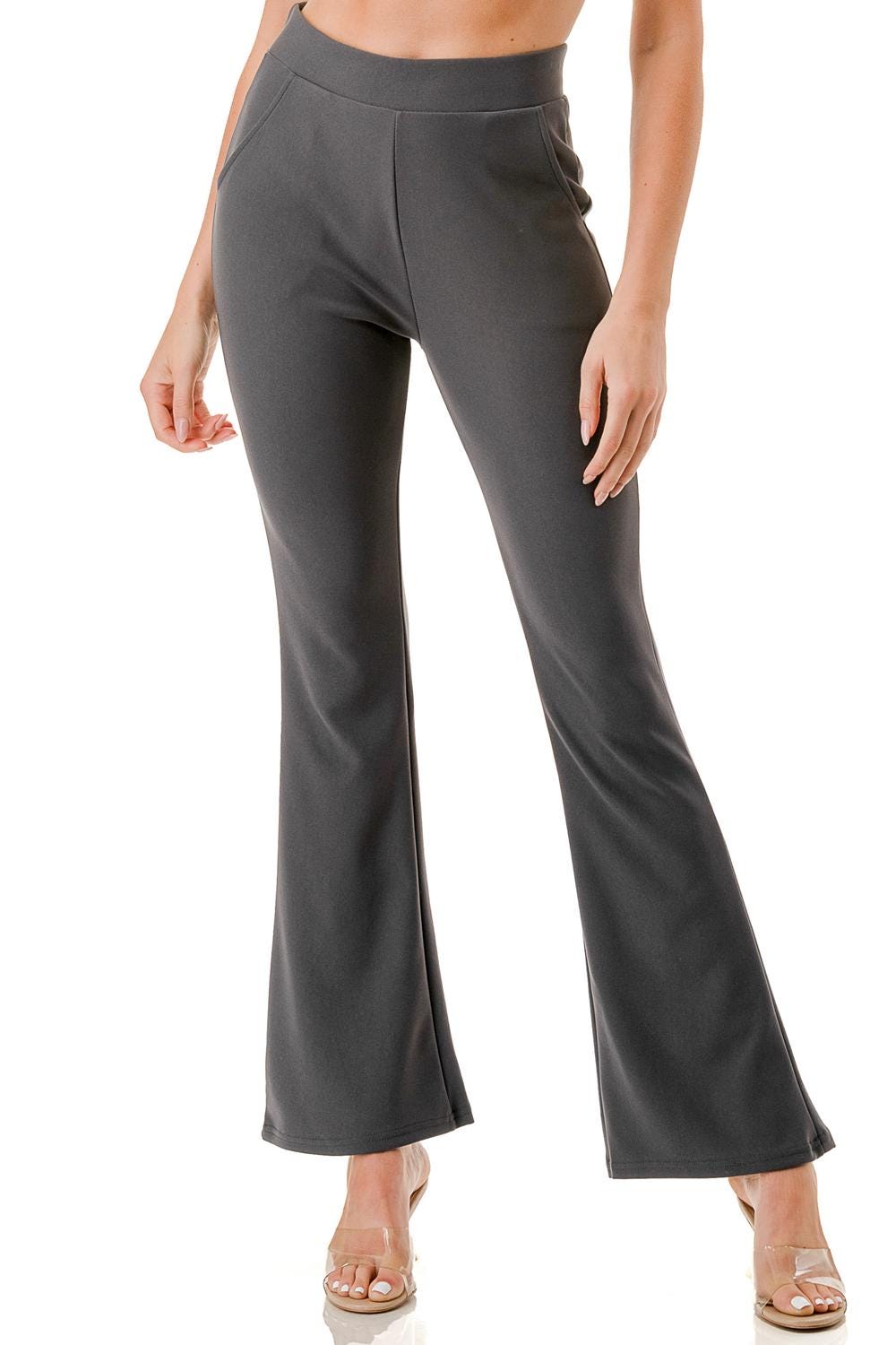 Butt Lift Bell Bottom Pants with Pockets: High Waist Flare Stretch Scuba Trousers - TDVQ29C