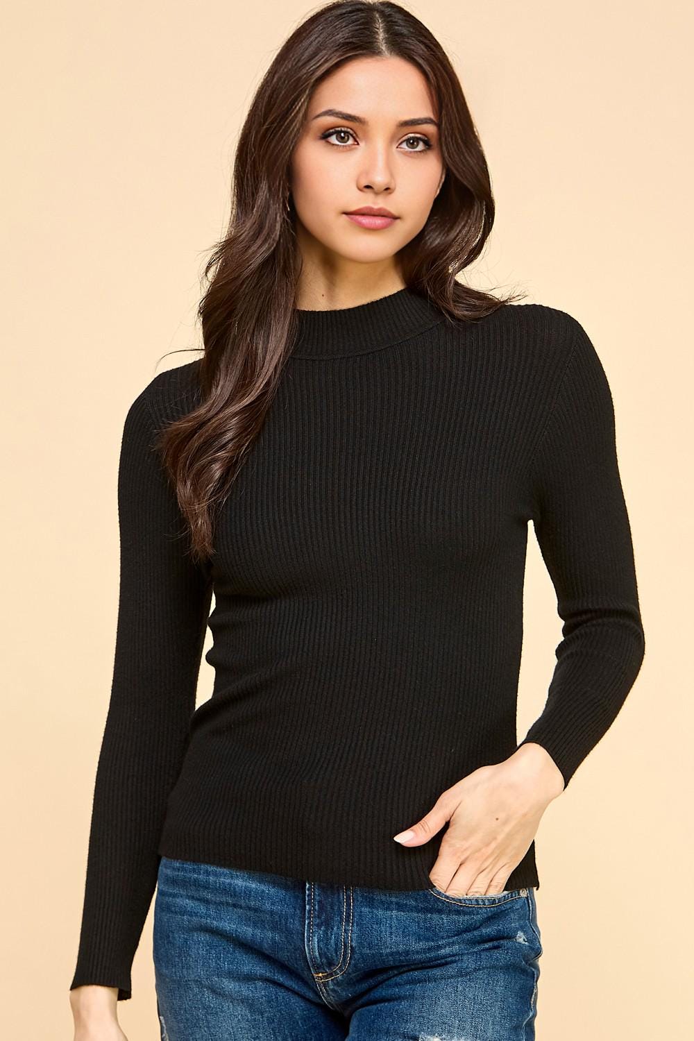 Women’s Mock Neck Sweater | Classic Knit Long Sleeve Pullover Top - DNO13