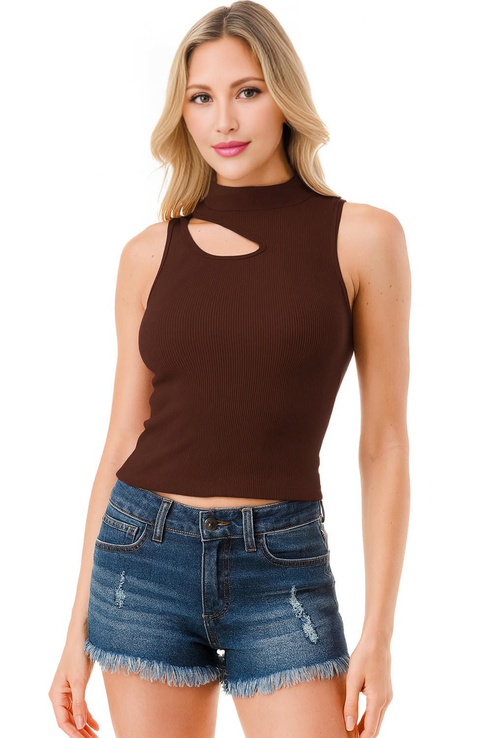 Women’s Espresso Cutout Mock Neck Ribbed Tank Top Sleeveless