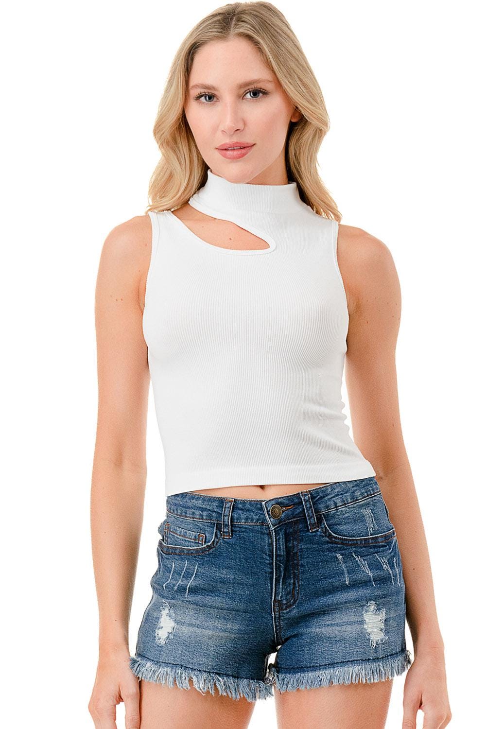 Women’s White Cutout Mock Neck Ribbed Tank Top Sleeveless