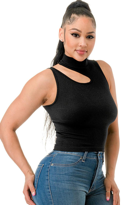 Women’s Black Cutout Mock Neck Ribbed Tank Top Sleeveless
