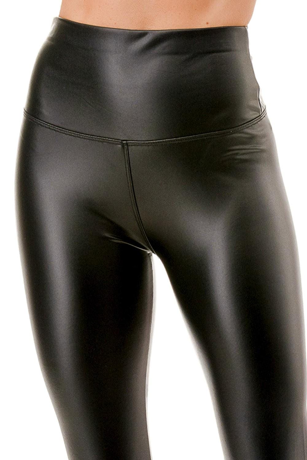 Plus size vegan leather high waisted leggings for women, black and cognac faux leather pants with tummy control waistband, full length