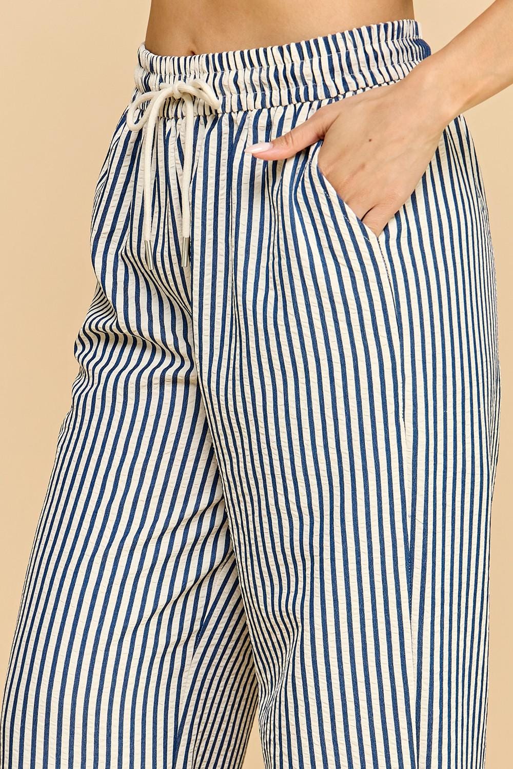 Striped Straight Leg Pants with Pockets – Drawstring Elastic Waist Lounge Trousers – QD28