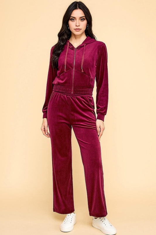 Velour Tracksuit Set – Stretch Zip-Up Hoodie & Wide Leg Pants | 2-Piece Lounge Outfit – WT612-SET