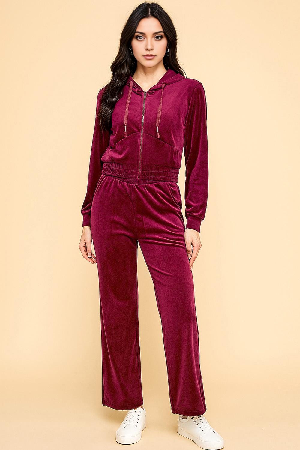 Velour Tracksuit Set – Stretch Zip-Up Hoodie & Wide Leg Pants | 2-Piece Lounge Outfit – WT612-SET