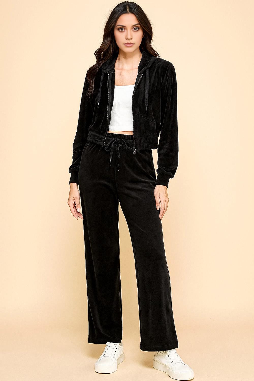 Velour Tracksuit Set – Stretch Zip-Up Hoodie & Wide Leg Pants | 2-Piece Lounge Outfit – WT612-SET