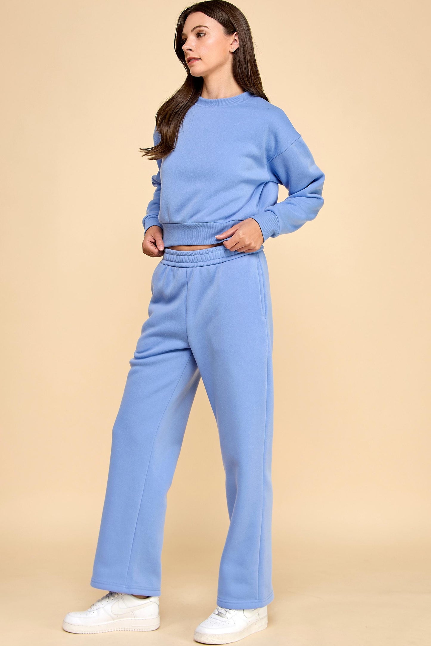 French Terry Fleece Sweatpants – Wide Elastic Waist Straight Leg Pants with Pockets | Cozy Lounge Joggers – QG71