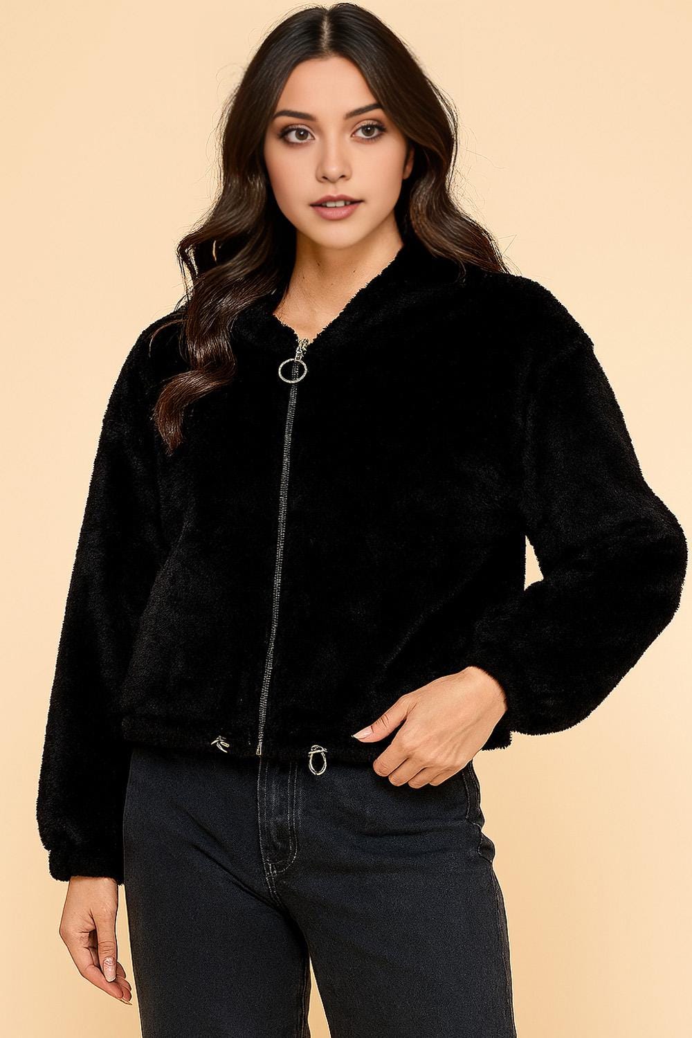 Faux Fur Zip-Up Hoodie Jacket – Plush Teddy Bear Print & Solid Colors | Cozy Streetwear Outerwear - J13G