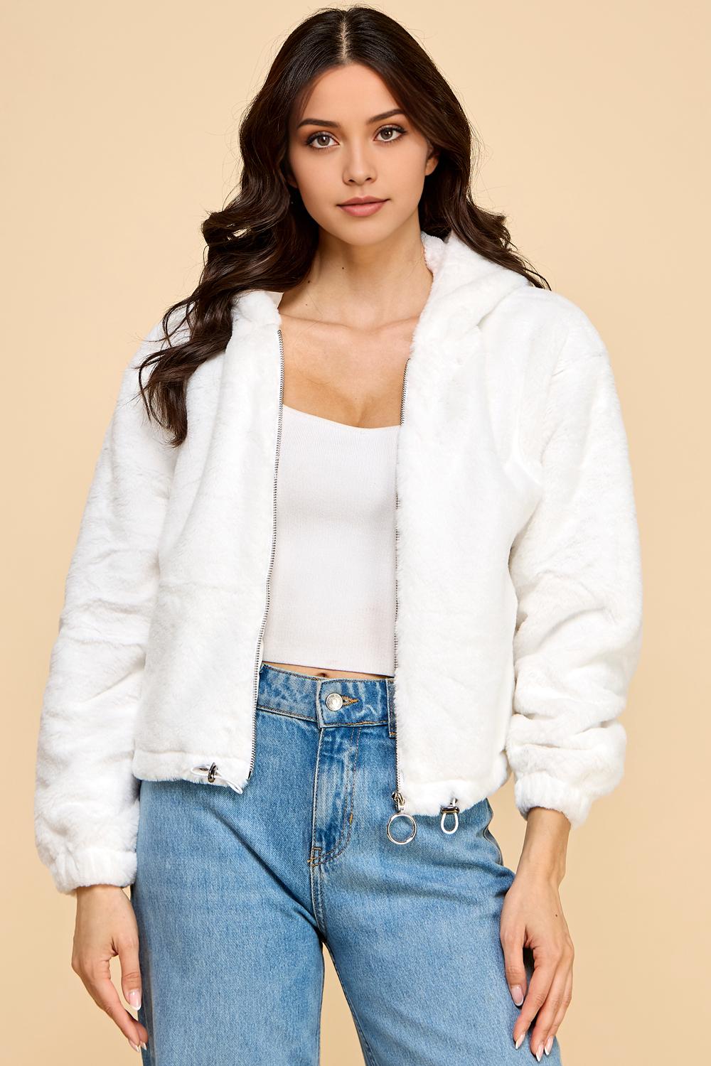 Faux Fur Zip-Up Hoodie Jacket – Plush Teddy Bear Print & Solid Colors | Cozy Streetwear Outerwear - J13G