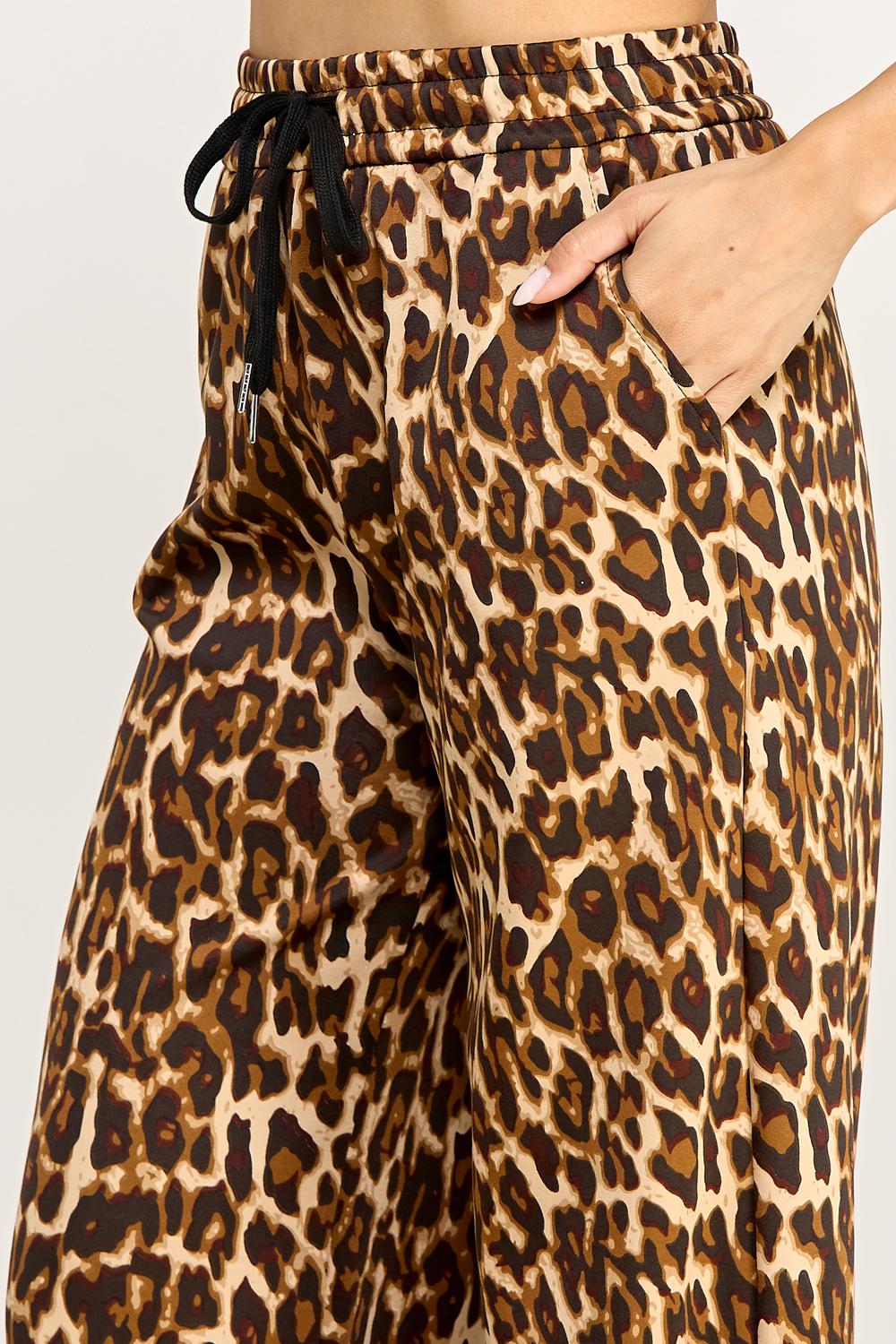 Leopard Print Wide Leg Pants – Stretch Scuba Drawstring Trousers | Statement Lounge & Streetwear Pants – TKT16U