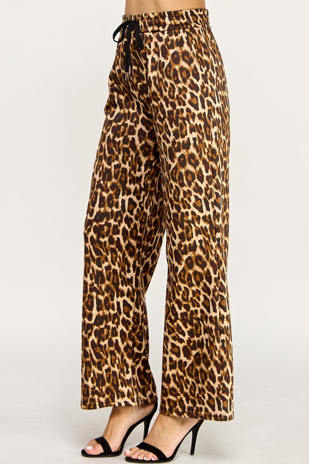 Leopard Print Wide Leg Pants – Stretch Scuba Drawstring Trousers | Statement Lounge & Streetwear Pants – TKT16U