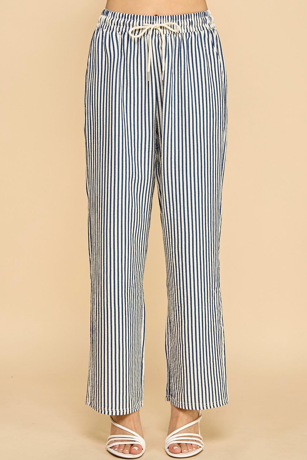 Striped Straight Leg Pants with Pockets – Drawstring Elastic Waist Lounge Trousers – QD28
