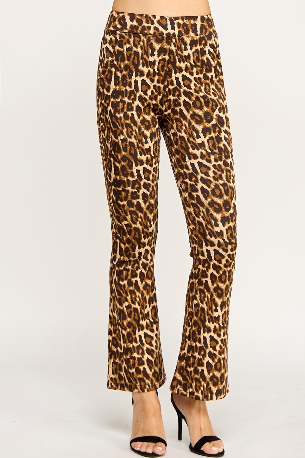 Leopard Print Flare Pants – Stretch Scuba Bell Bottom Trousers | Statement Animal Print for Women – TDV29C-U